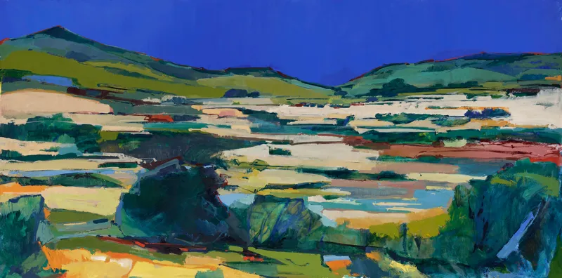 Painting by Abigale Palmer titled Electric Prisms Ineffable, 2024, oil on canvas, 56 by 113 inches.